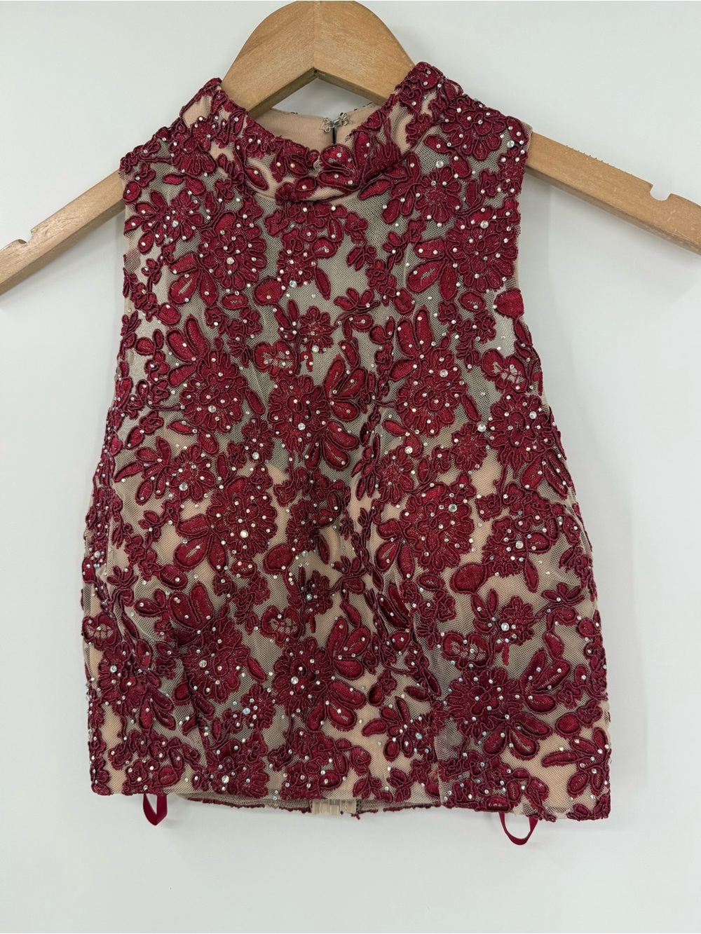 Jodi Kristopher Embellished Lace High Neck Crop Top | Burgundy/Nude | 1